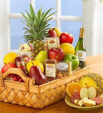 Fruit & Gourmet Table Basket With Crackers, Cheese & Sparkling Cider